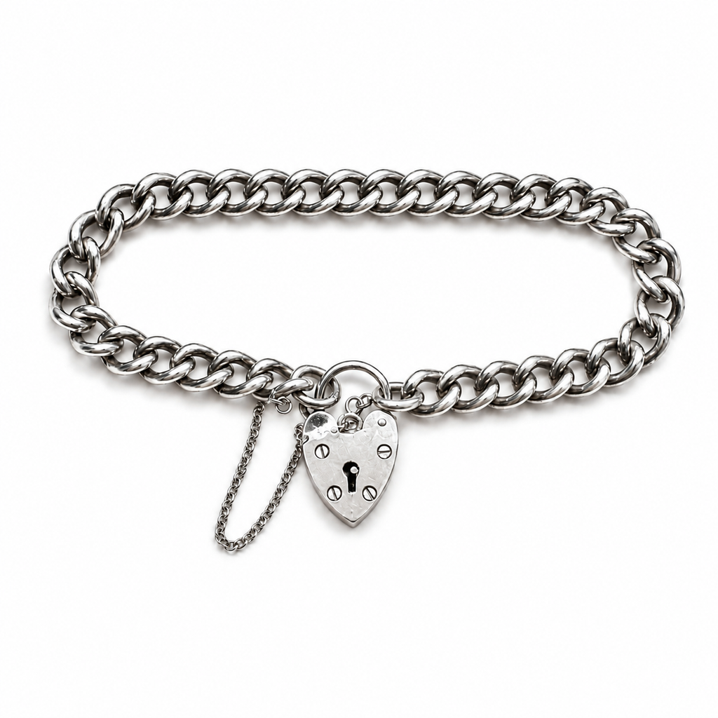 Antique Sterling Silver Heart Padlock Bracelet