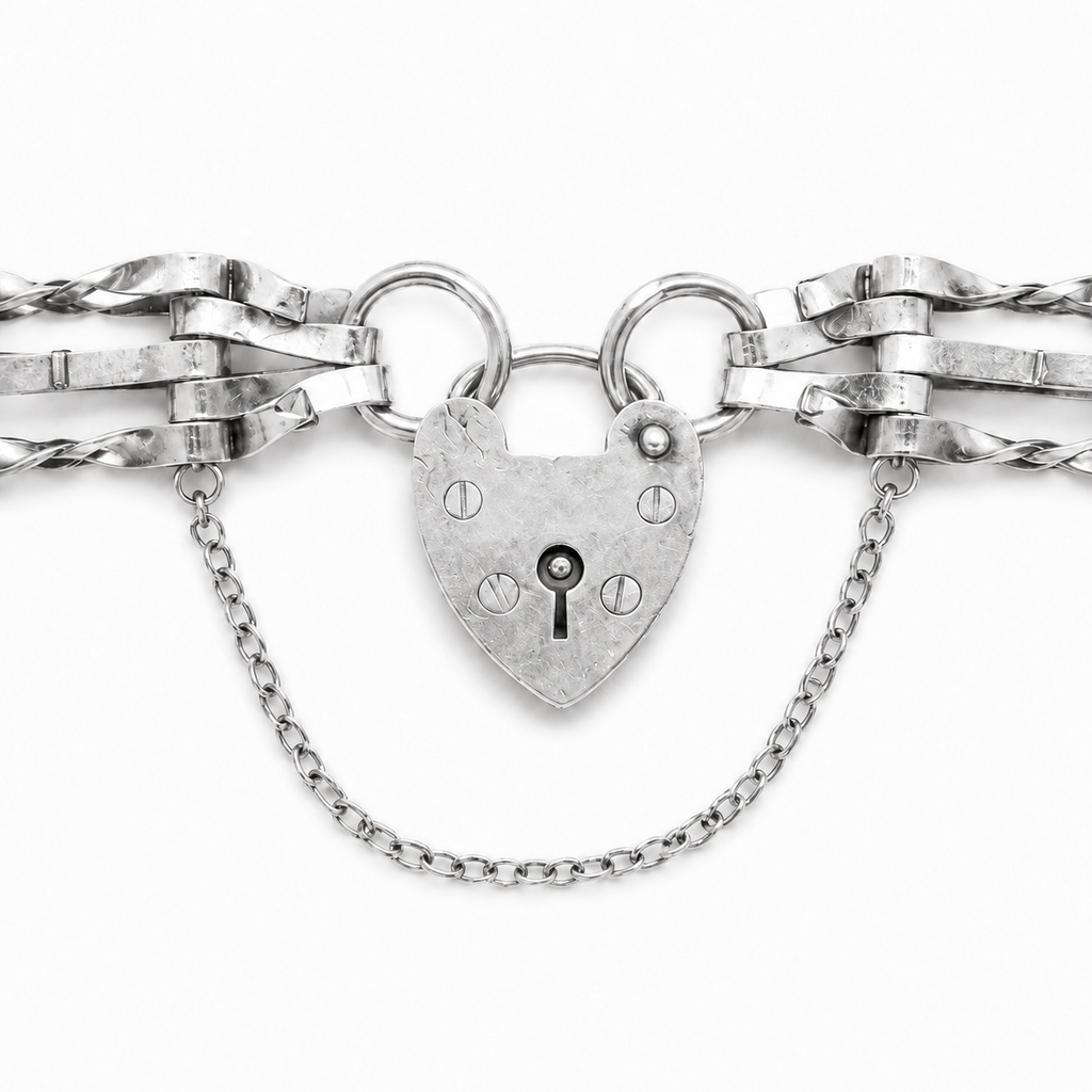 Vintage English Sterling Silver Gate Bracelet with Heart Padlock