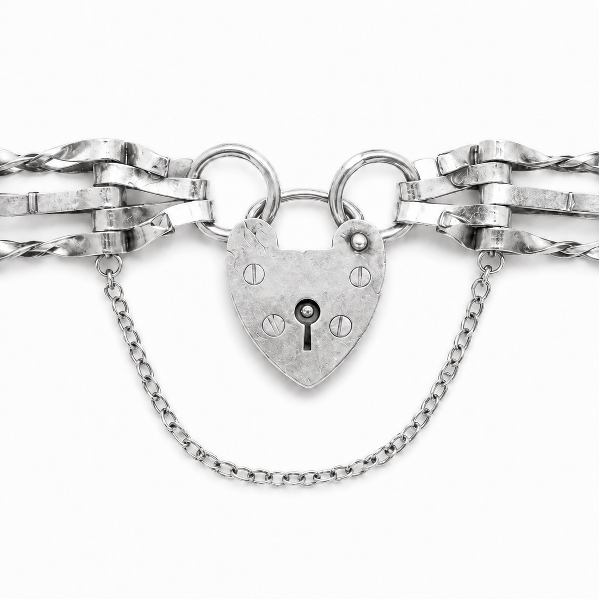 Vintage English Sterling Silver Gate Bracelet with Heart Padlock