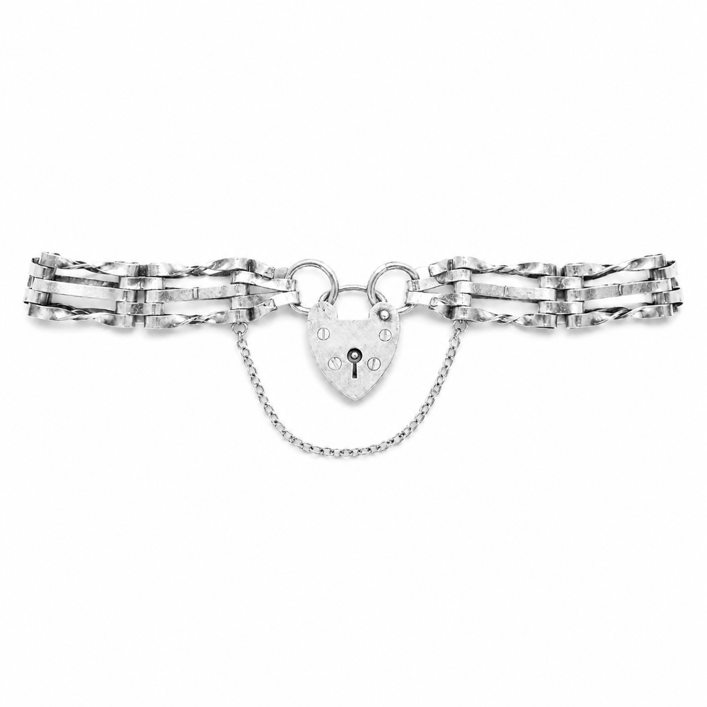 Vintage English Sterling Silver Gate Bracelet with Heart Padlock