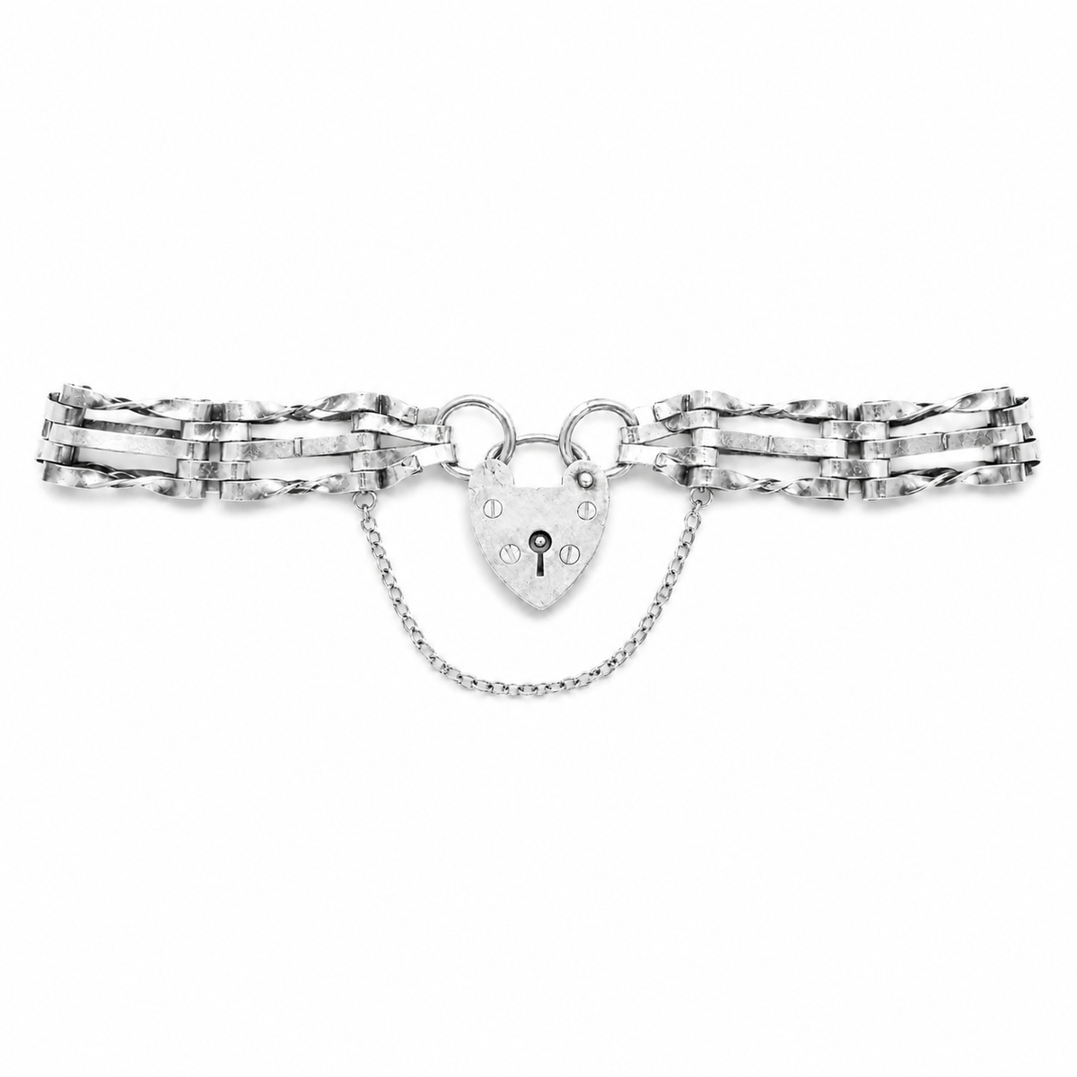 Vintage English Sterling Silver Gate Bracelet with Heart Padlock