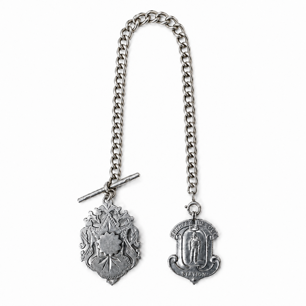 1900s Sterling Silver Albert Chain with Two Fobs