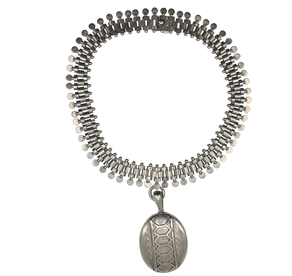 1880s Victorian Sterling Collar & Locket Necklace
